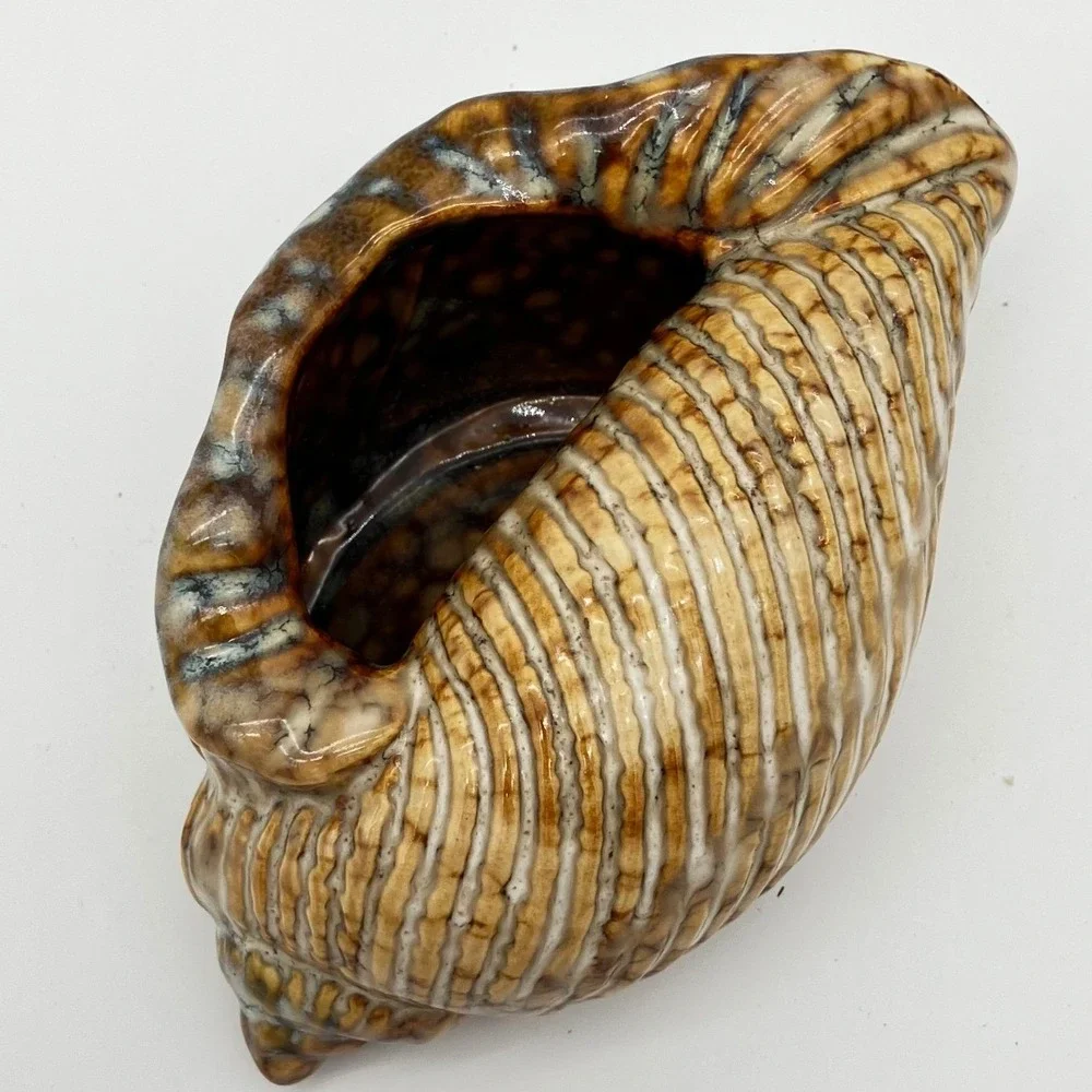 Vintage Ceramic Conch Shell Planter Vase 4.5in Brown Coastal Home Decor